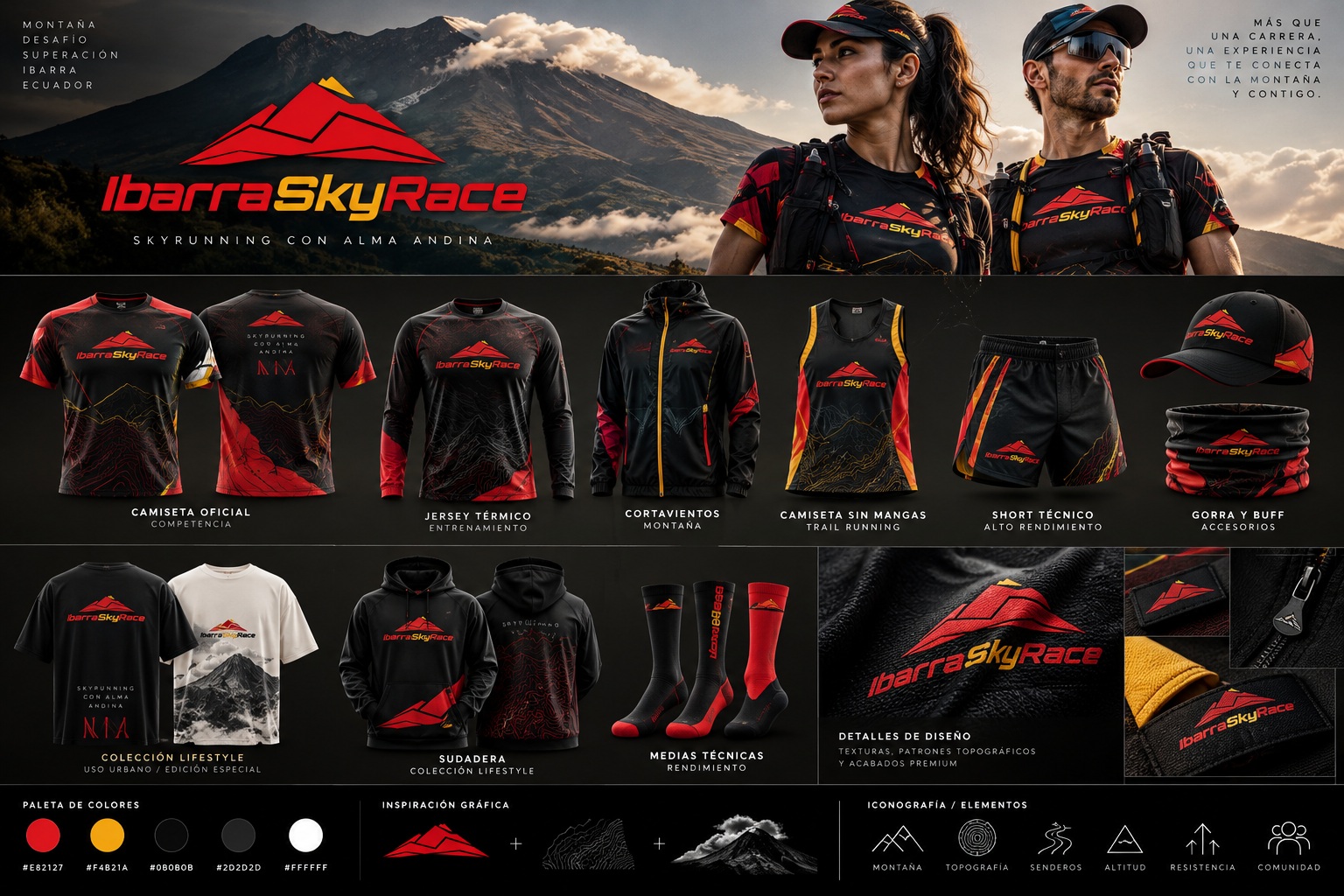 Lookbook de la colección oficial Ibarra SkyRace: camisetas, jersey, cortavientos, gorra, buff, sudadera y medias